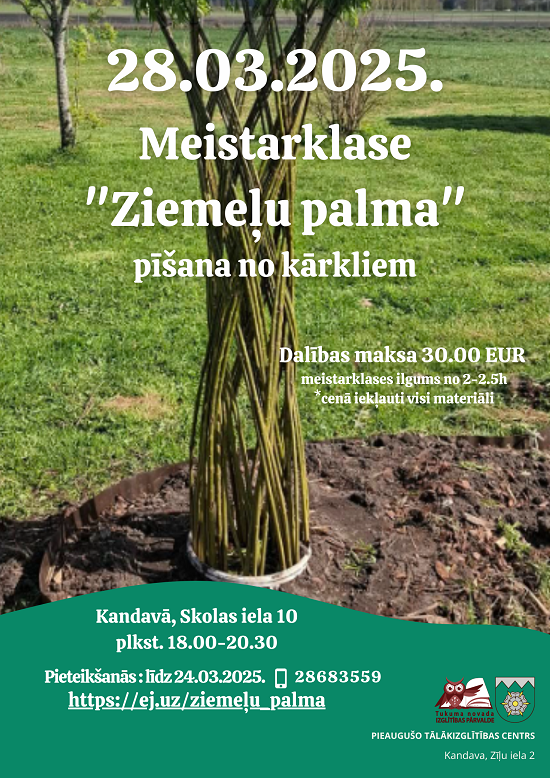 Ziemeļu palmu pīšanas meistarklases afiša.